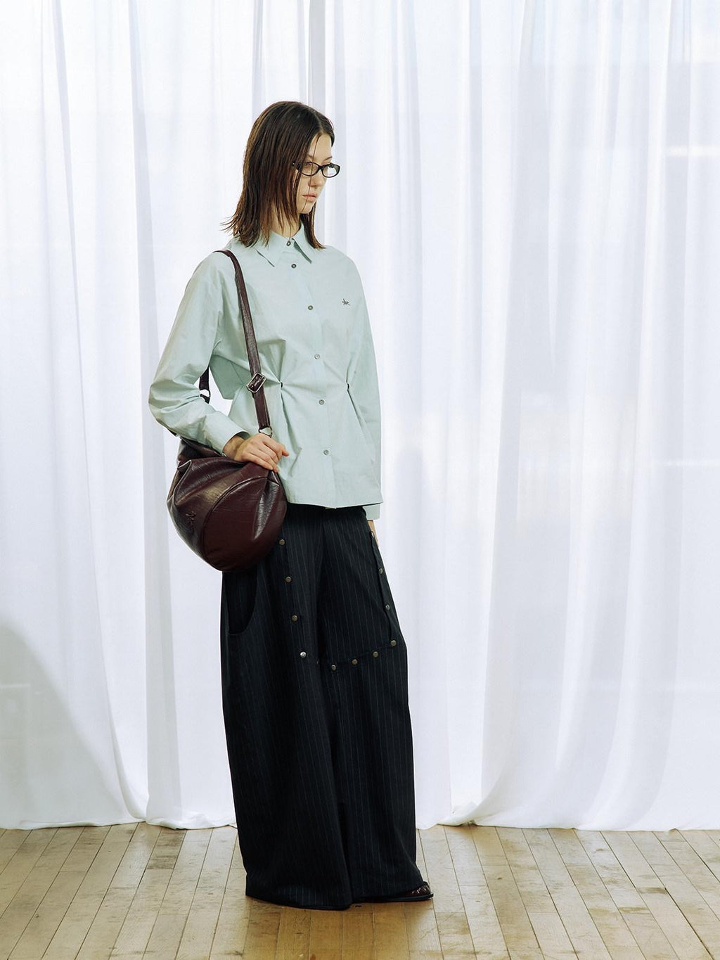 APRIORITY Striped Detachable Metal Buckle Zipper Women's Polyester Wide-leg Pants