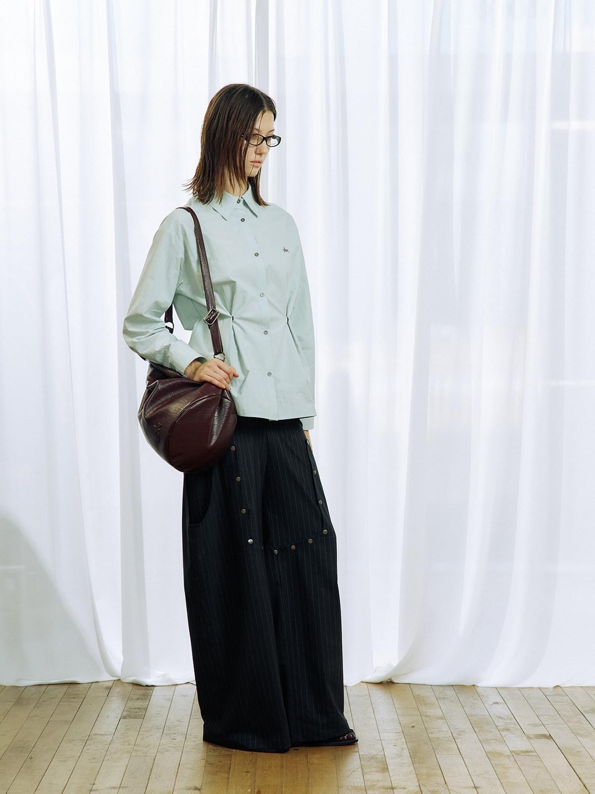 APRIORITY Striped Detachable Metal Buckle Zipper Women's Polyester Wide-leg Pants