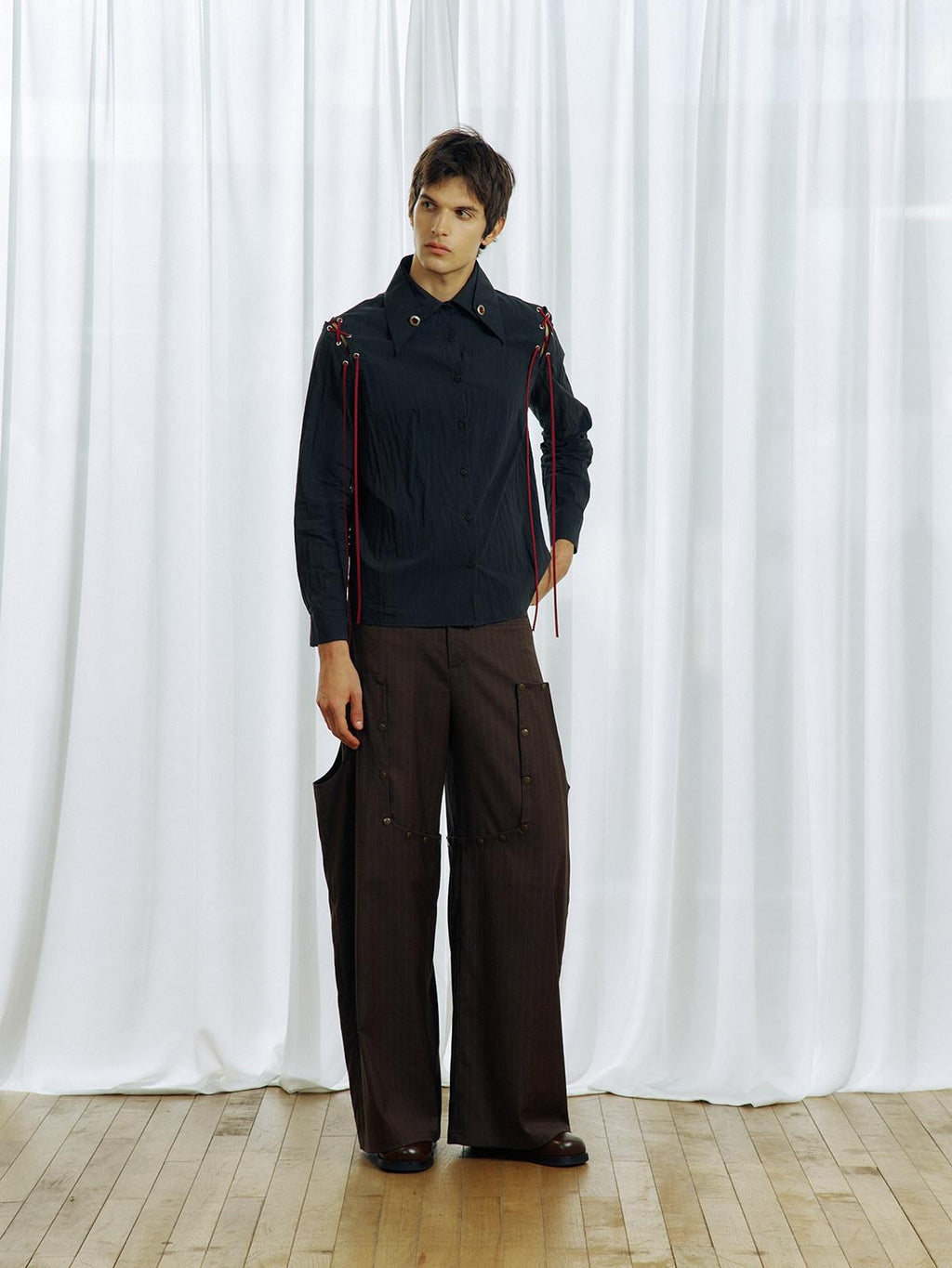 APRIORITY Striped Detachable Metal Buckle Zipper Women's Polyester Wide-leg Pants