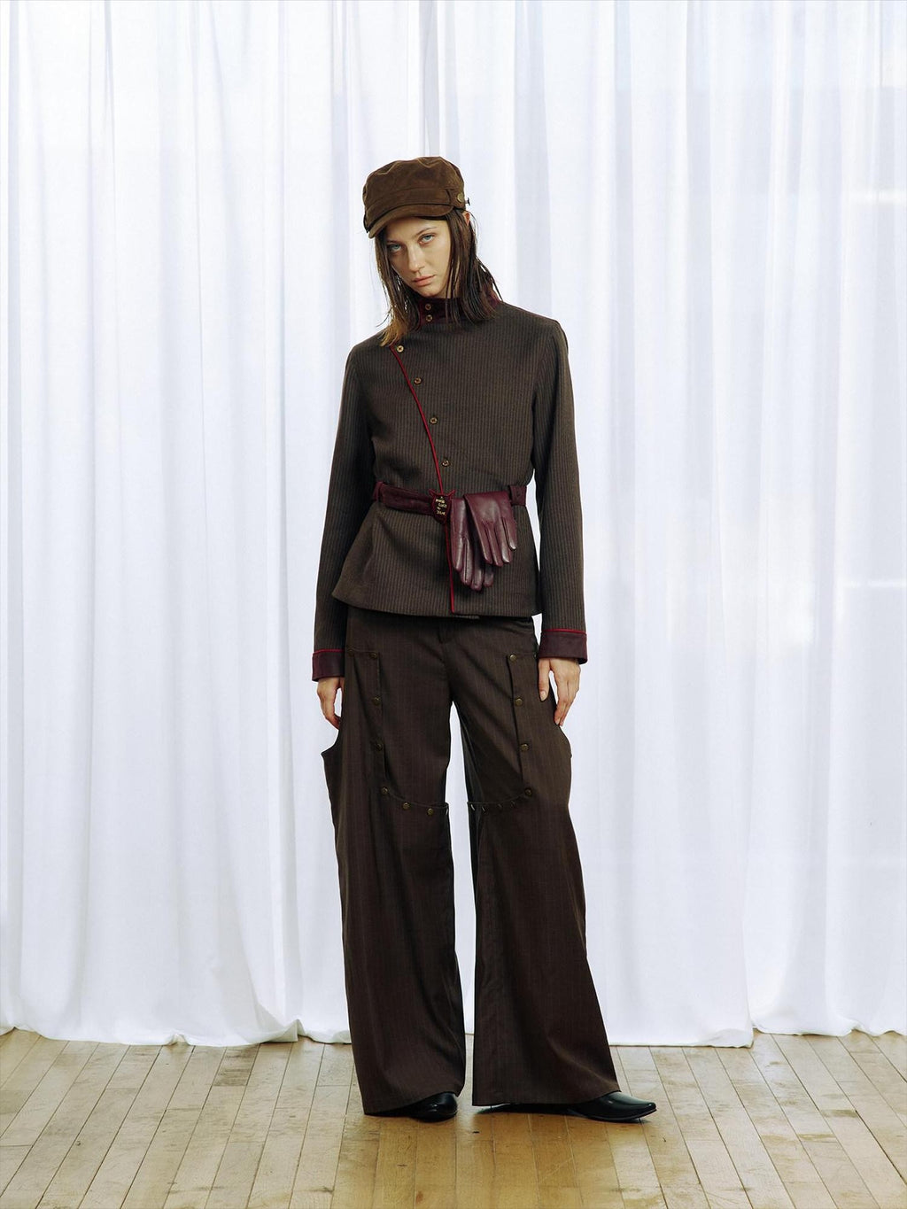 APRIORITY Striped Detachable Metal Buckle Zipper Women's Polyester Wide-leg Pants