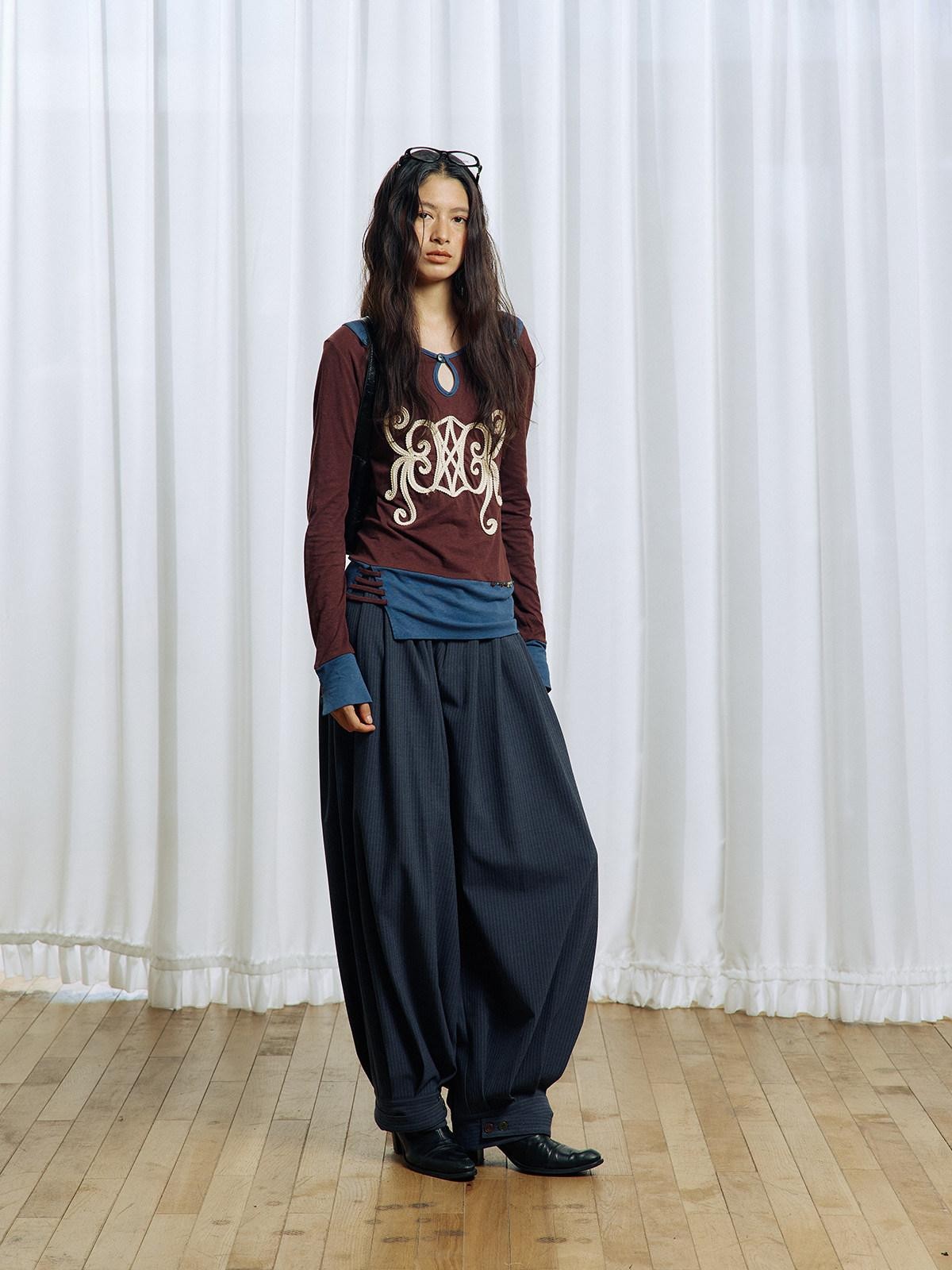 APRIORITY Striped Pleated Button Adjustable Women's Polyester Blend Harem Pants