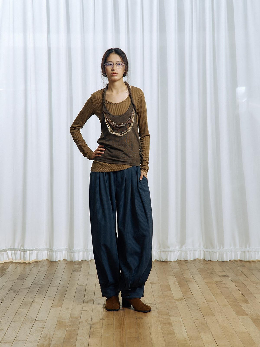 APRIORITY Striped Pleated Button Adjustable Women's Polyester Blend Harem Pants