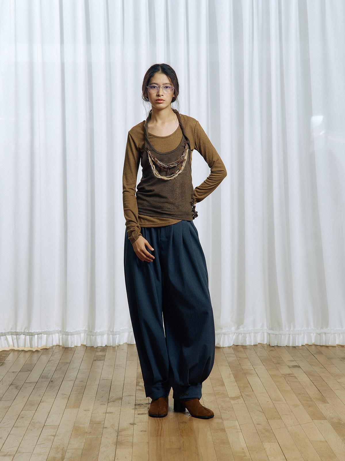 APRIORITY Striped Pleated Button Adjustable Women's Polyester Blend Harem Pants