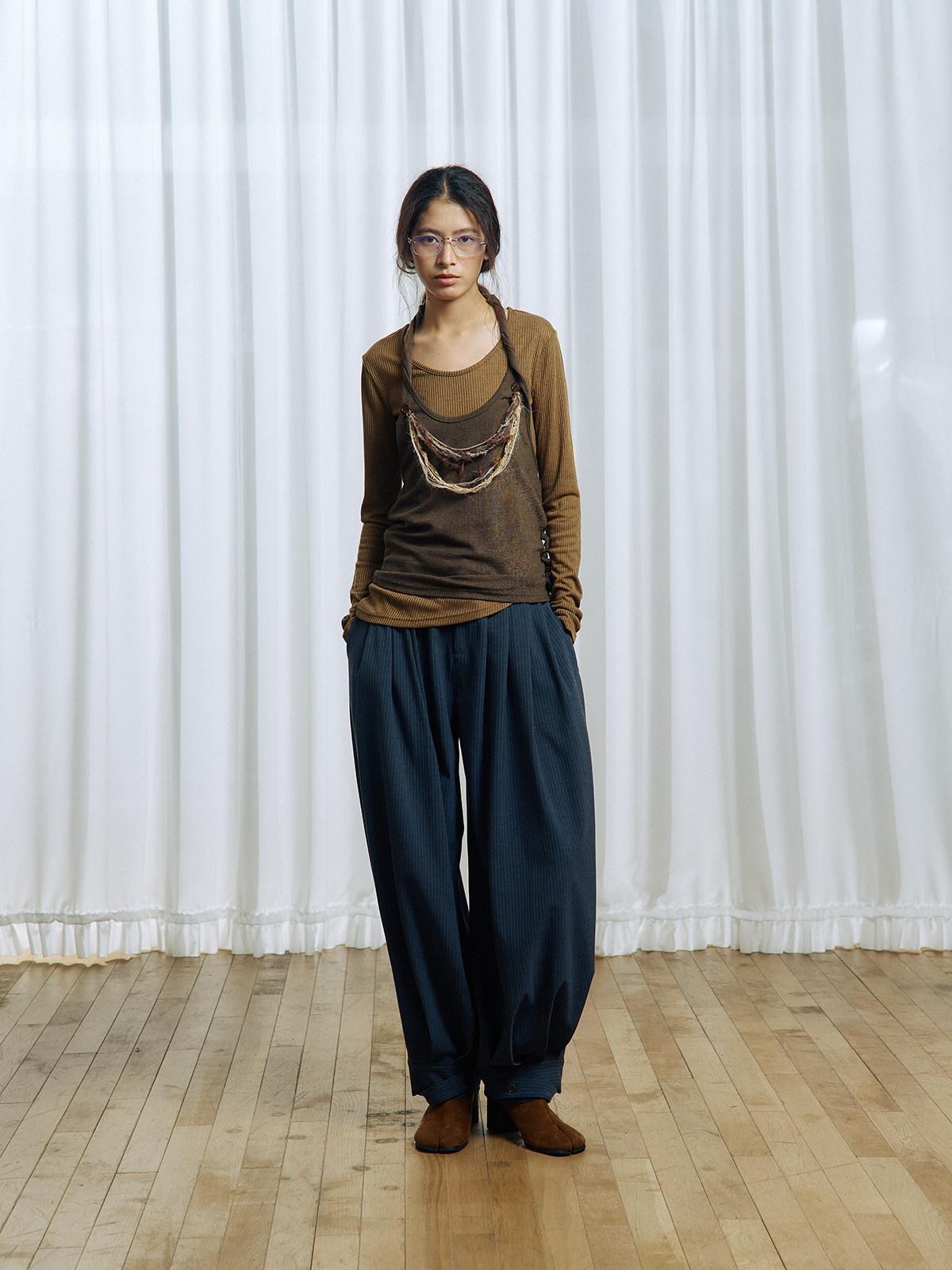 APRIORITY Striped Pleated Button Adjustable Women's Polyester Blend Harem Pants