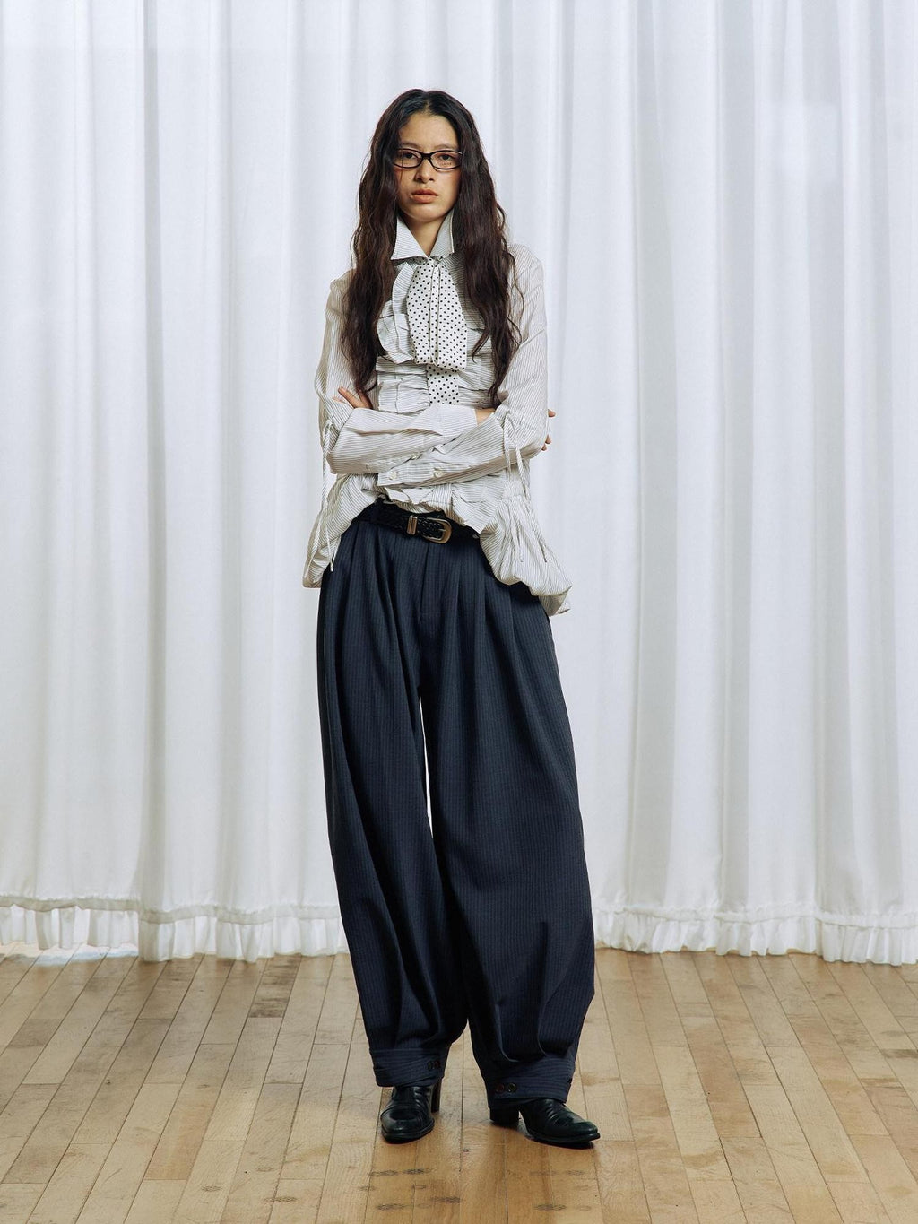 APRIORITY Striped Pleated Button Adjustable Women's Polyester Blend Harem Pants