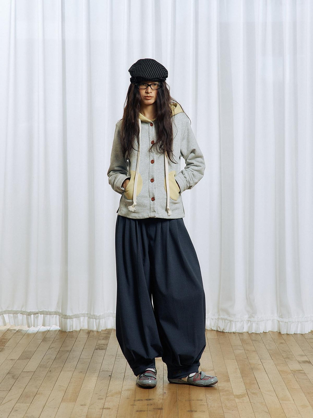 APRIORITY Striped Pleated Button Adjustable Women's Polyester Blend Harem Pants