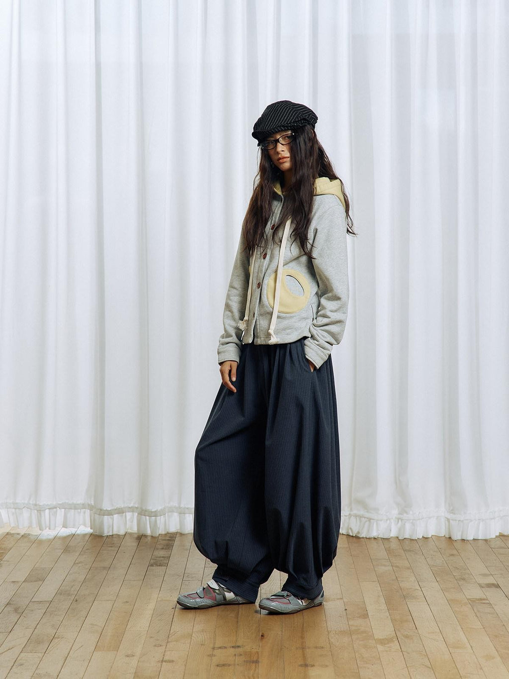 APRIORITY Striped Pleated Button Adjustable Women's Polyester Blend Harem Pants