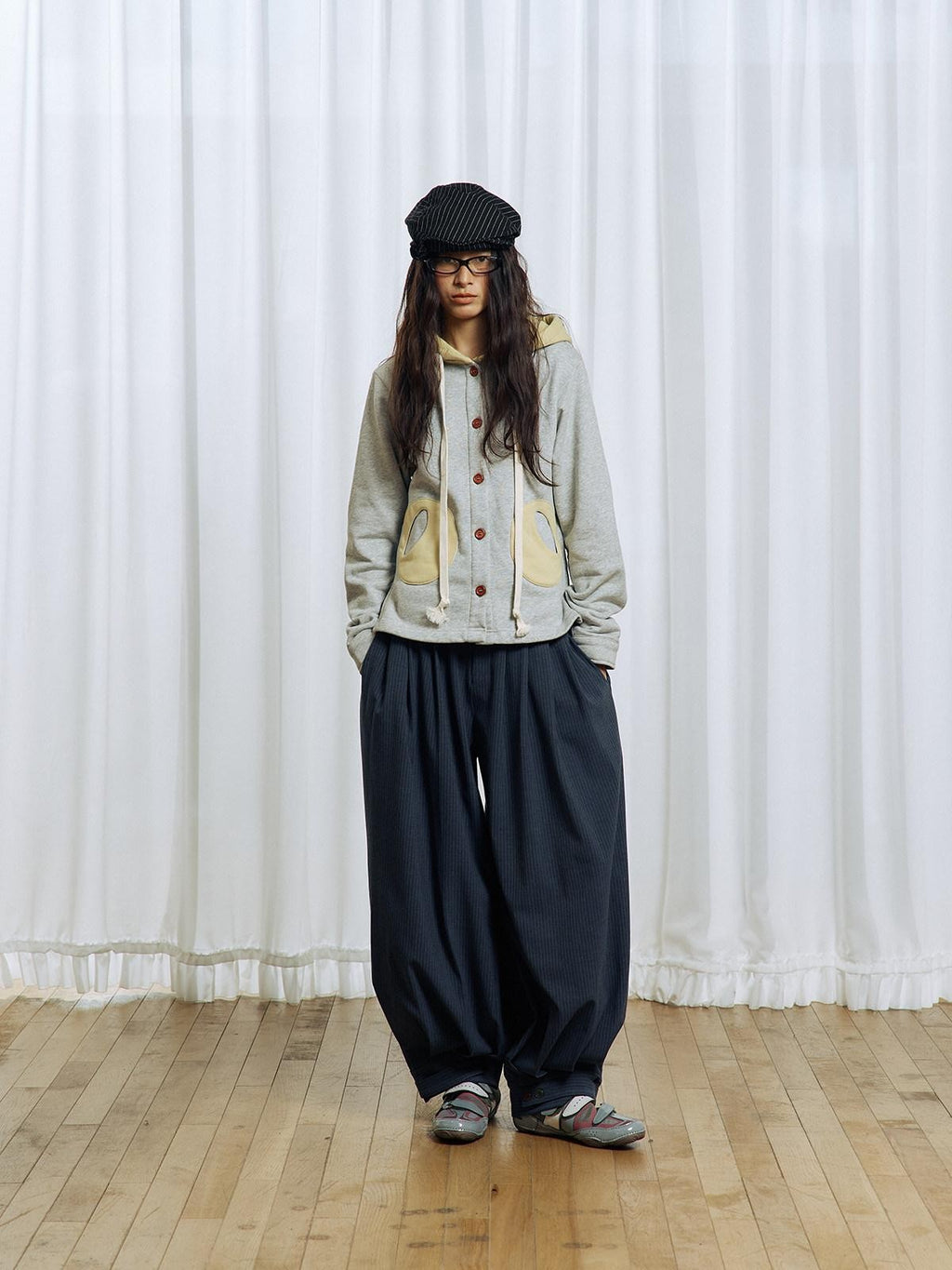 APRIORITY Striped Pleated Button Adjustable Women's Polyester Blend Harem Pants
