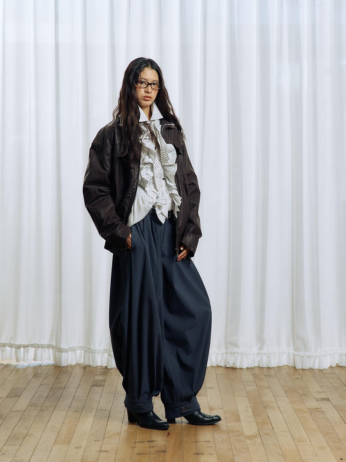 APRIORITY Striped Pleated Button Adjustable Women's Polyester Blend Harem Pants