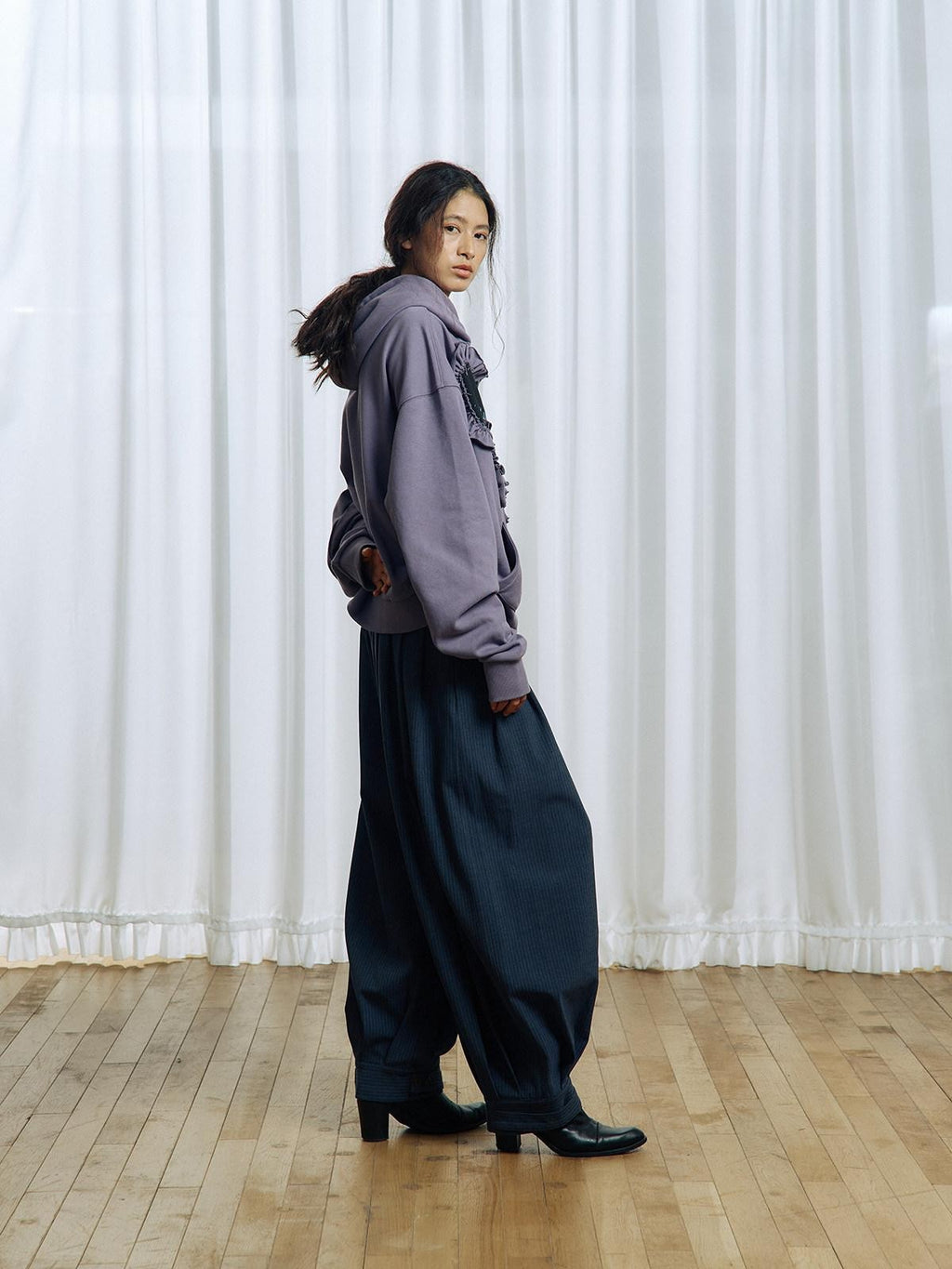 APRIORITY Striped Pleated Button Adjustable Women's Polyester Blend Harem Pants