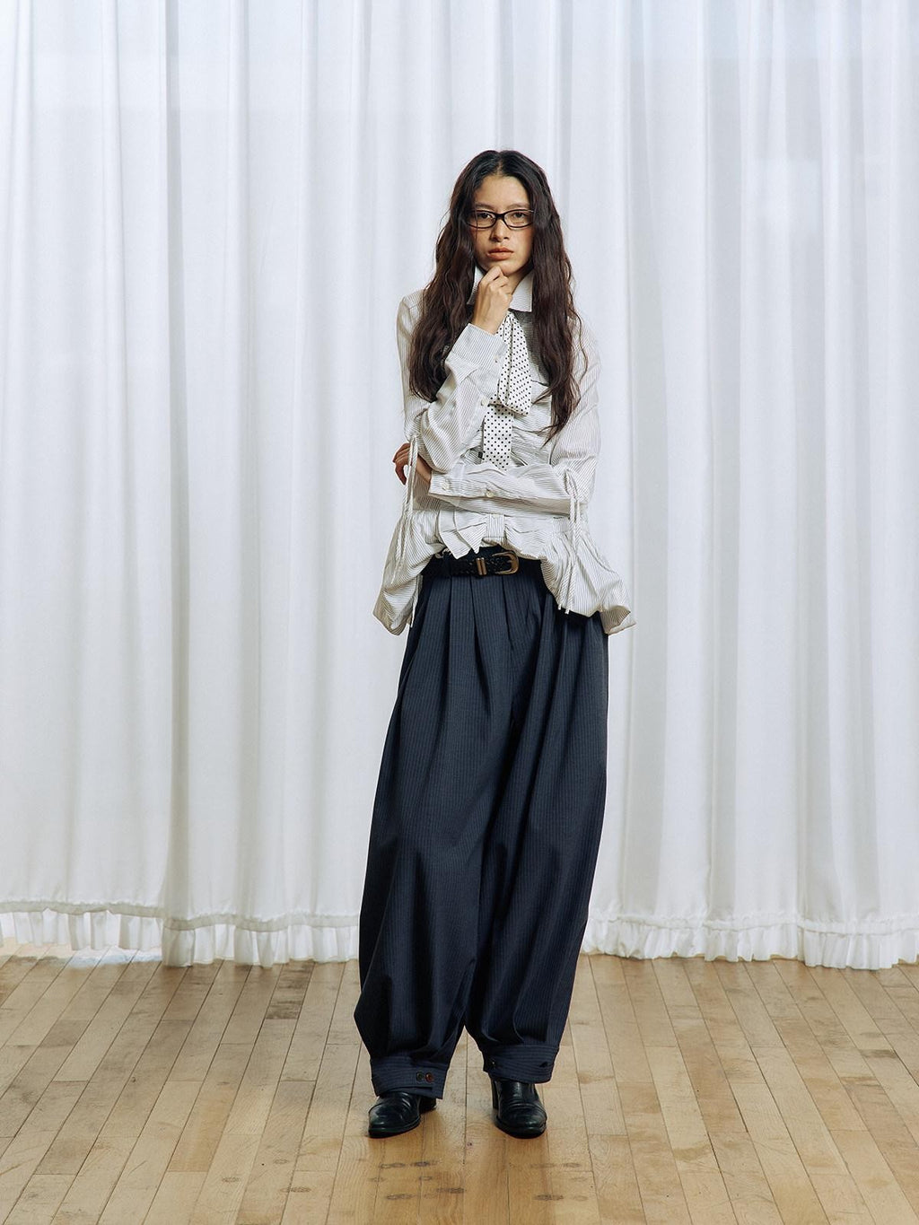 APRIORITY Striped Pleated Button Adjustable Women's Polyester Blend Harem Pants