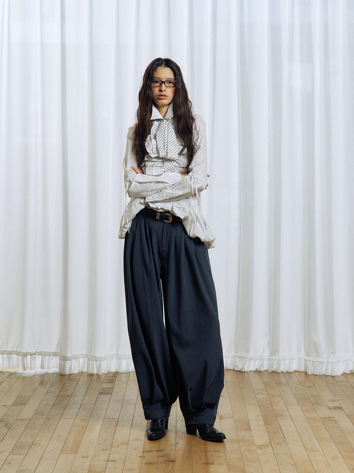 APRIORITY Striped Pleated Button Adjustable Women's Polyester Blend Harem Pants
