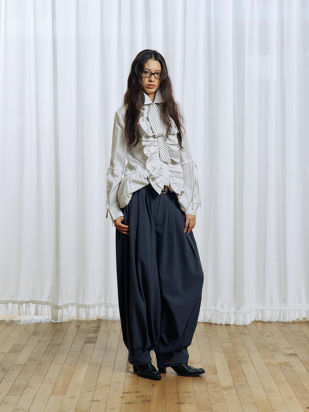 APRIORITY Striped Pleated Button Adjustable Women's Polyester Blend Harem Pants