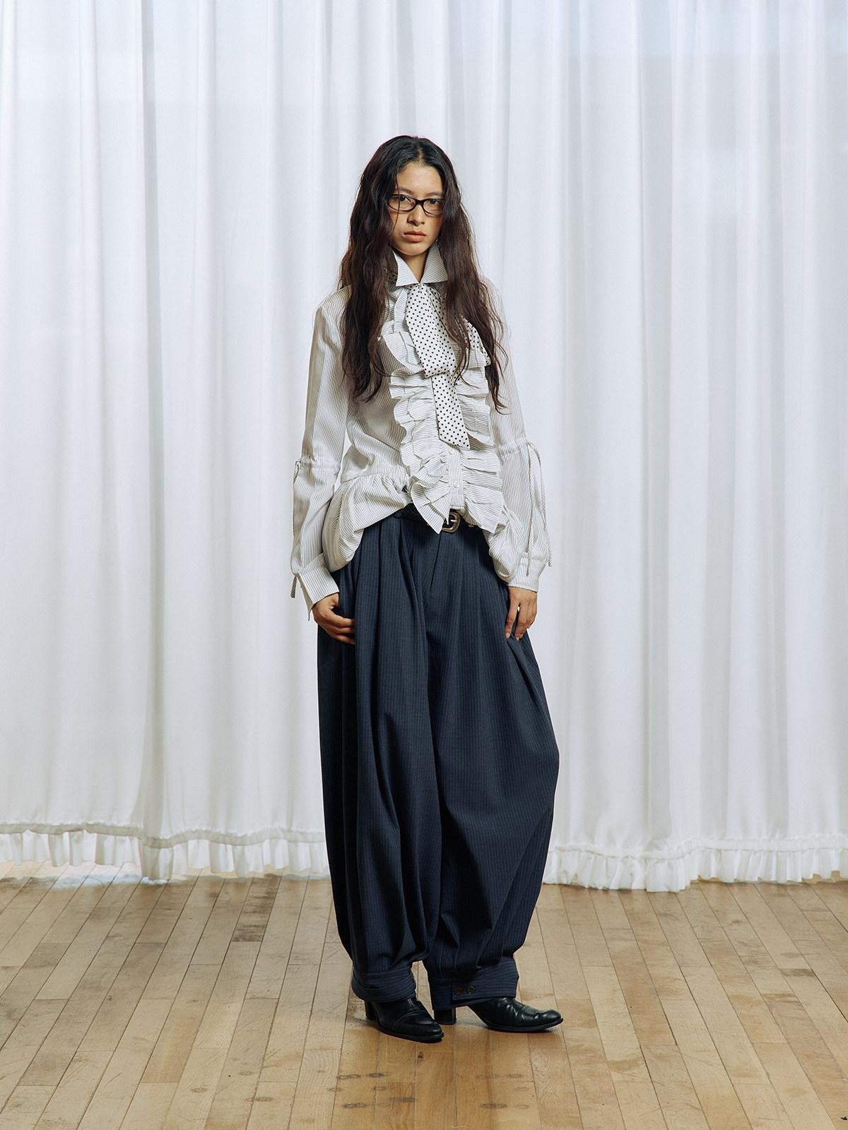 APRIORITY Striped Pleated Button Adjustable Women's Polyester Blend Harem Pants