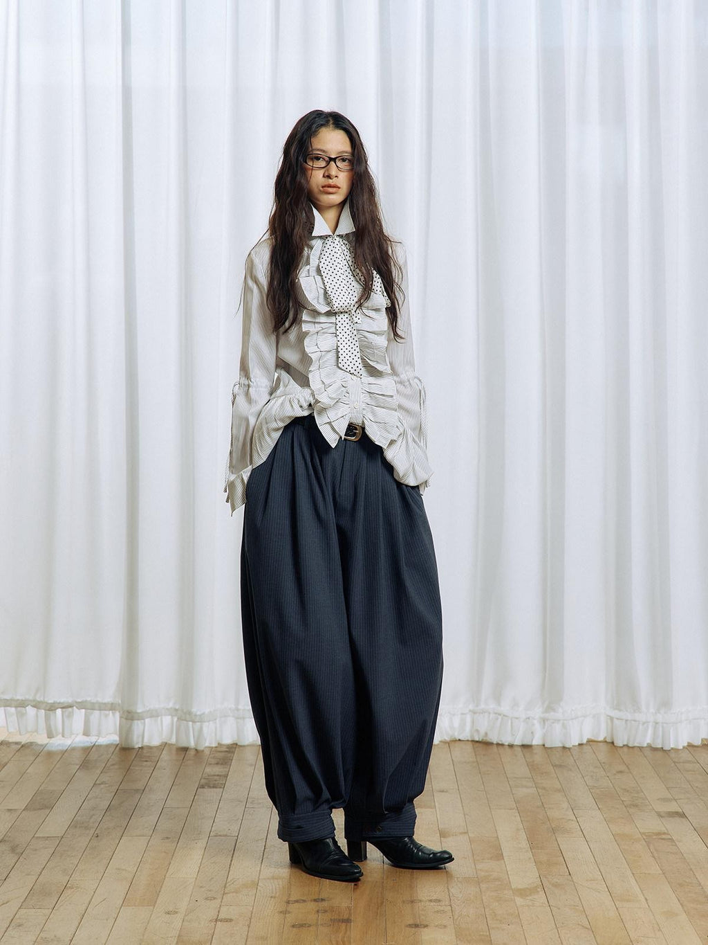 APRIORITY Striped Pleated Button Adjustable Women's Polyester Blend Harem Pants