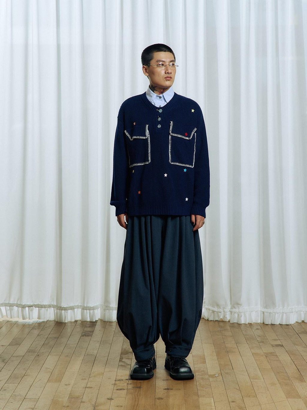 APRIORITY Striped Pleated Button Adjustable Women's Polyester Blend Harem Pants