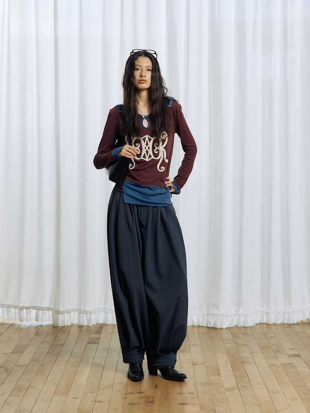 APRIORITY Striped Pleated Button Adjustable Women's Polyester Blend Harem Pants