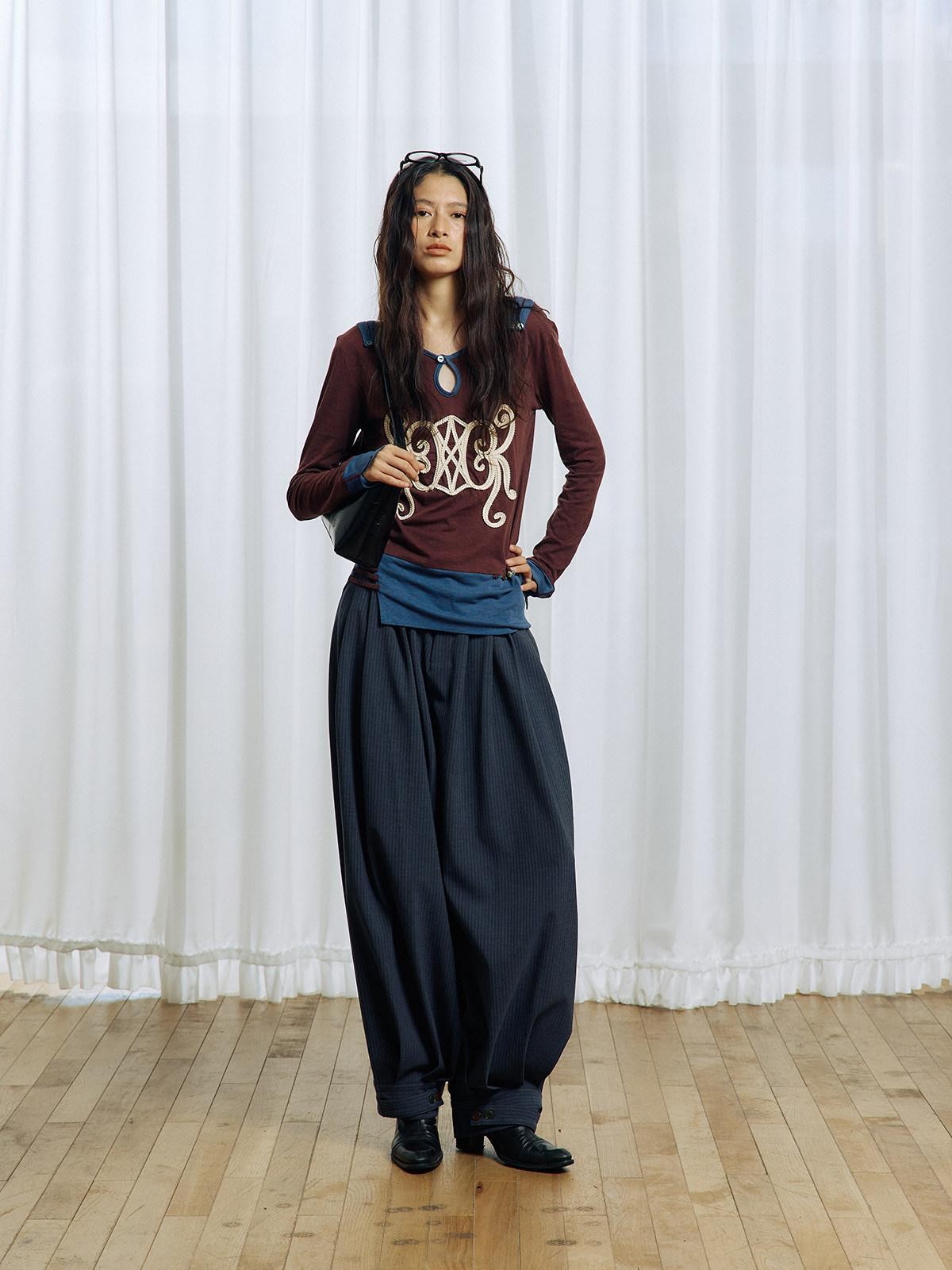 APRIORITY Striped Pleated Button Adjustable Women's Polyester Blend Harem Pants