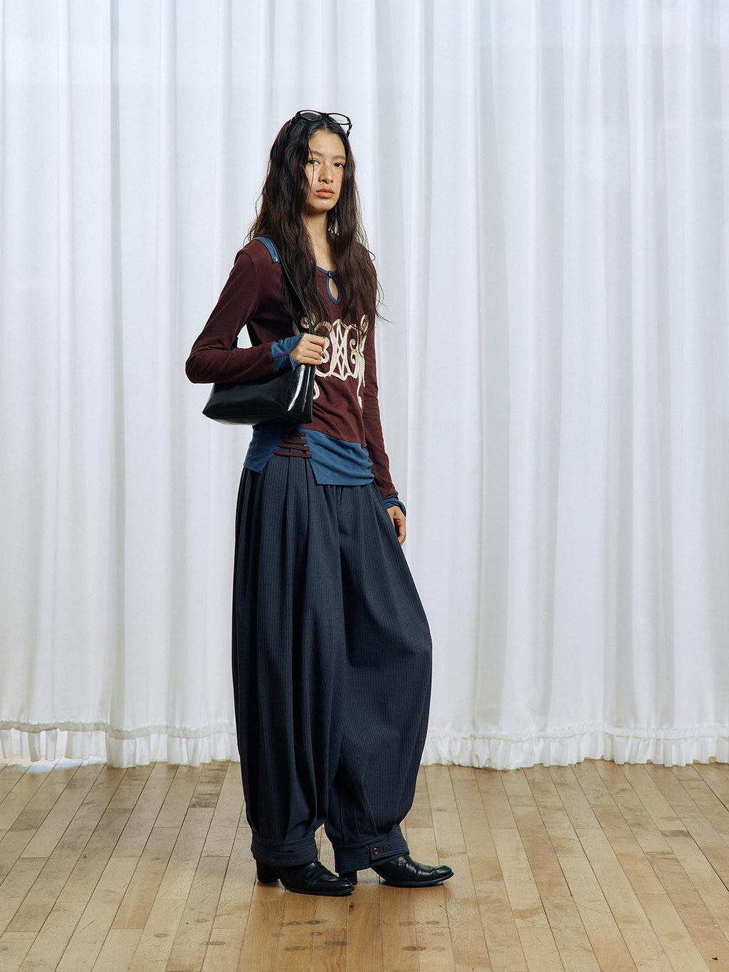APRIORITY Striped Pleated Button Adjustable Women's Polyester Blend Harem Pants