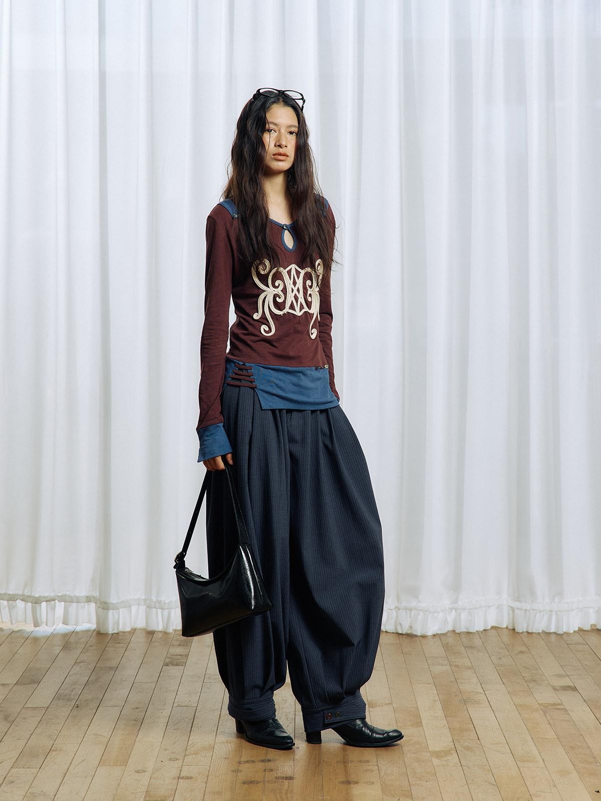 APRIORITY Striped Pleated Button Adjustable Women's Polyester Blend Harem Pants