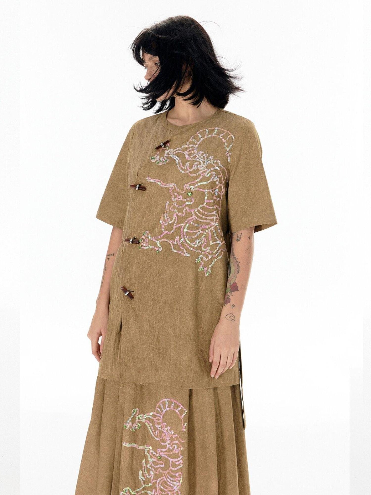 APRIORITY Suede Brown Sequin Embroidered Dragon Mandarin Collar Women's Cotton Shirts