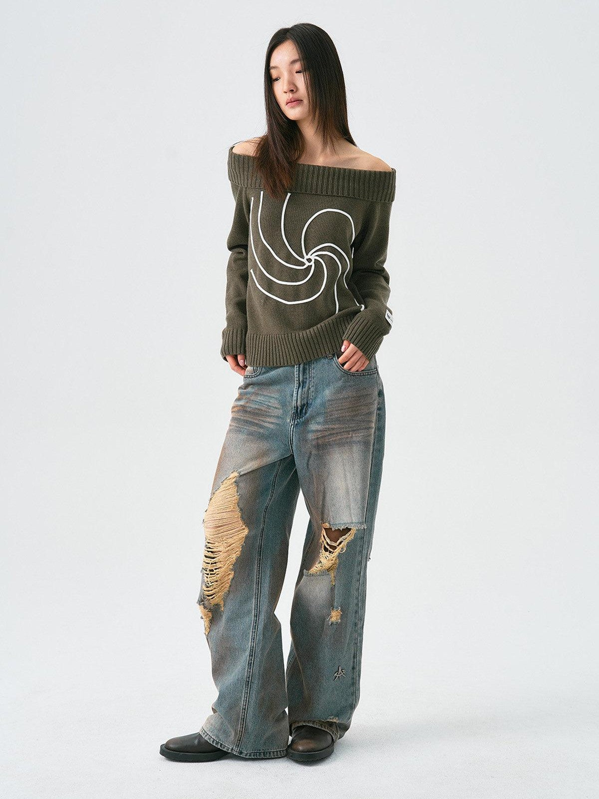APRIORITY Swirl Knit Wide Neckline Women's Wool Blend Off-shoulder Sweaters