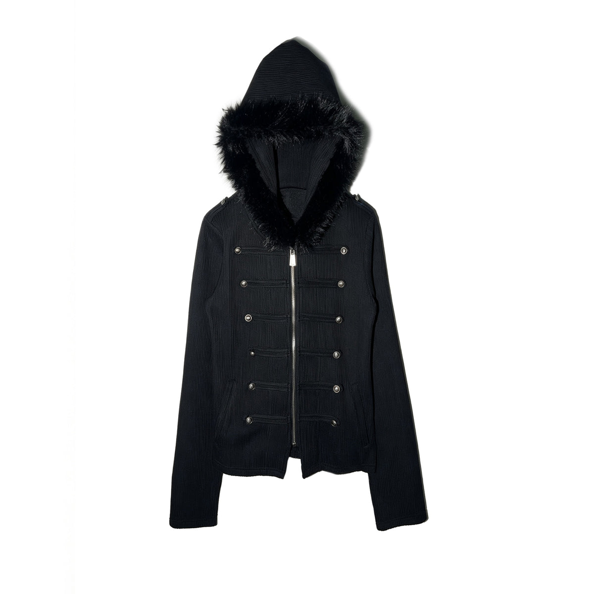 APRIORITY_Sword_Raven_Print_Double_Breasted_Metal_Button_Faux_Fur_Hood_Women's_Cotton_Polyester_Zip-up_Hoodies_1086492633739_MISSTT