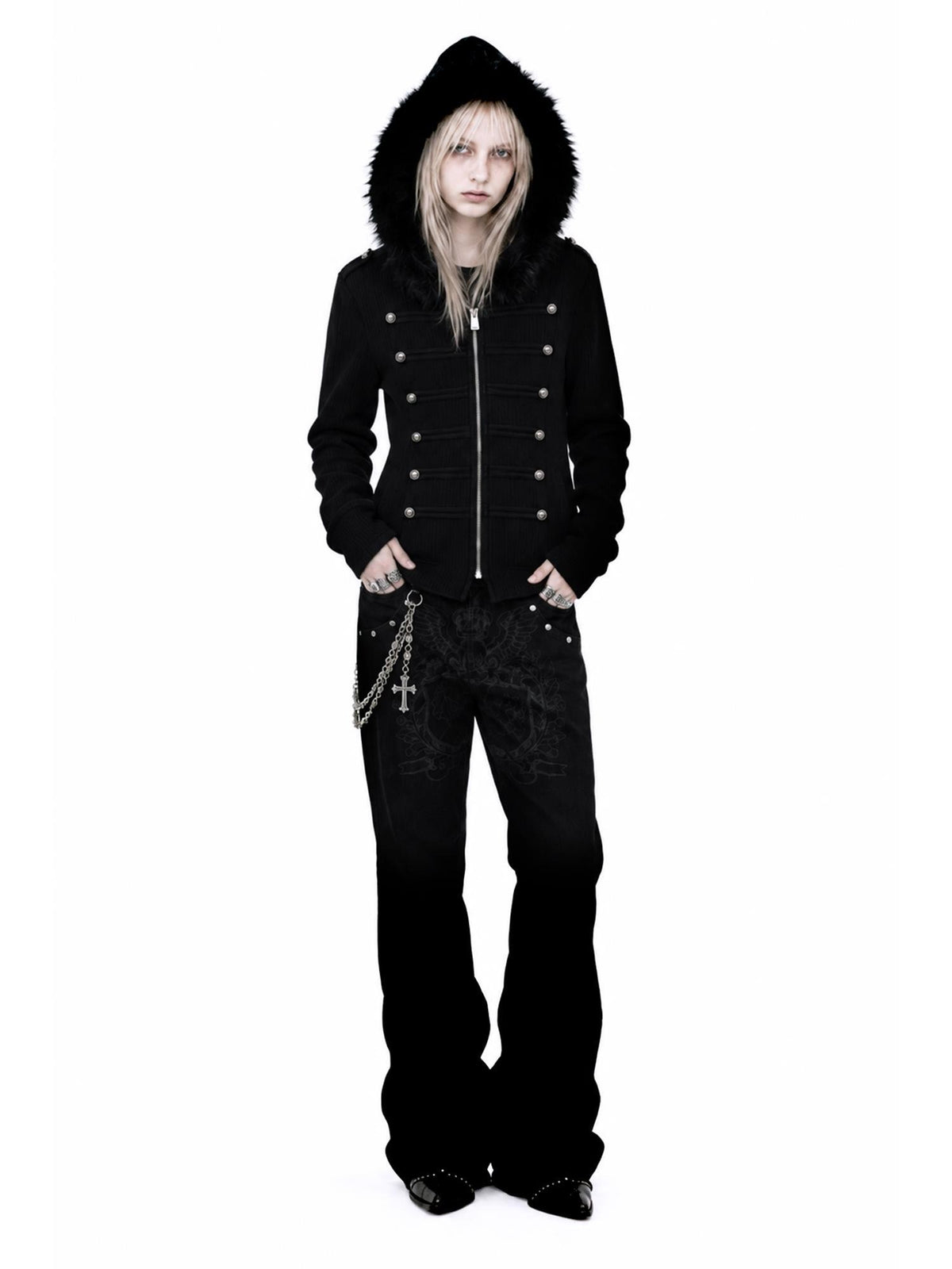 APRIORITY Sword Raven Print Double Breasted Metal Button Faux Fur Hood Women's Cotton Polyester Zip-up Hoodies
