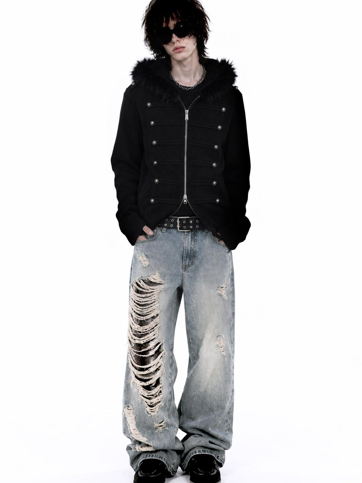 APRIORITY Sword Raven Print Double Breasted Metal Button Faux Fur Hood Women's Cotton Polyester Zip-up Hoodies
