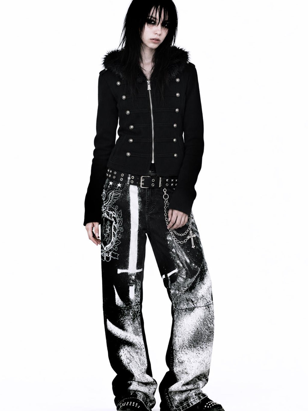 APRIORITY Sword Raven Print Double Breasted Metal Button Faux Fur Hood Women's Cotton Polyester Zip-up Hoodies