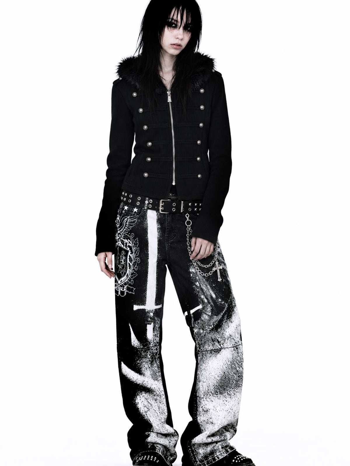 APRIORITY Sword Raven Print Double Breasted Metal Button Faux Fur Hood Women's Cotton Polyester Zip-up Hoodies
