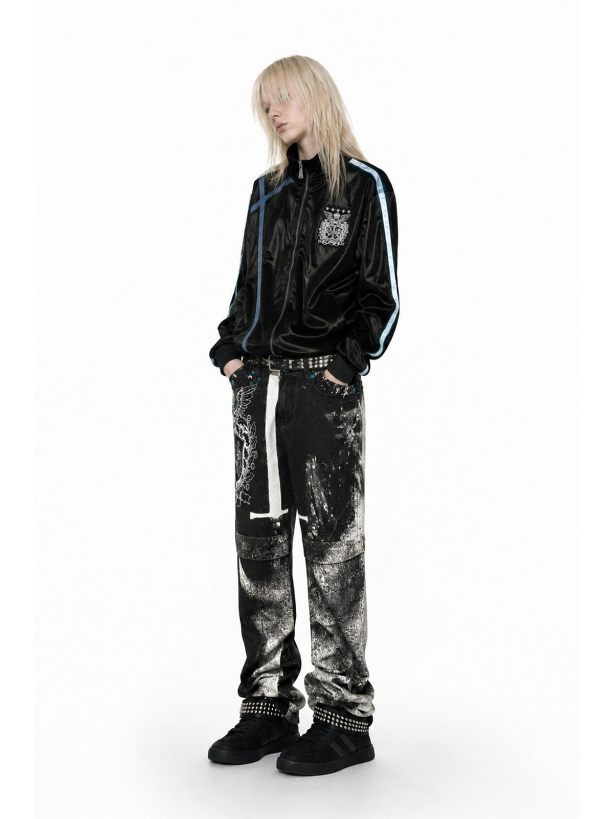 APRIORITY Valkyrie Print Blue Button Stud Wide Leg Women's Combed Cotton Straight Jeans