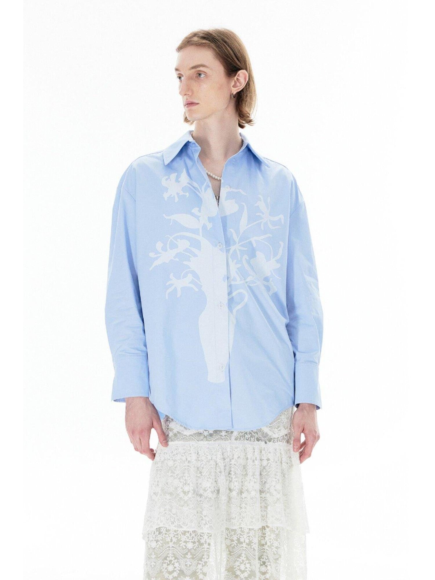 APRIORITY Vase Offset Print Relaxed Oversized Lapel Women's Cotton Shirts