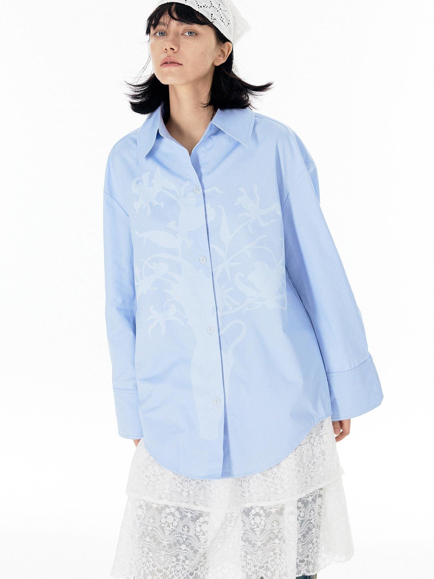 APRIORITY Vase Offset Print Relaxed Oversized Lapel Women's Cotton Shirts