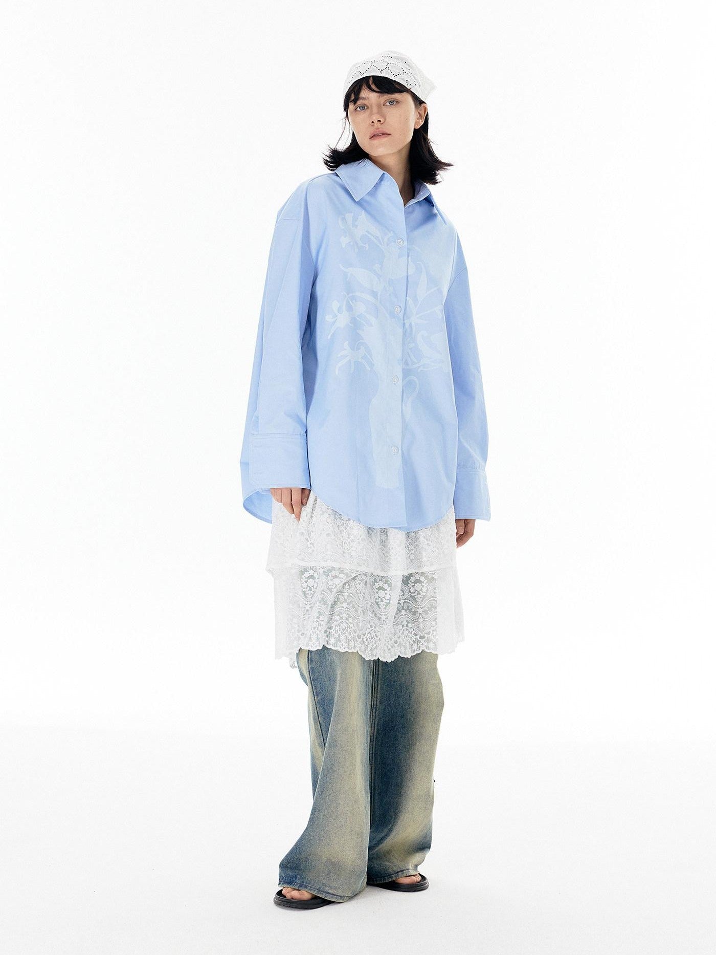 APRIORITY Vase Offset Print Relaxed Oversized Lapel Women's Cotton Shirts