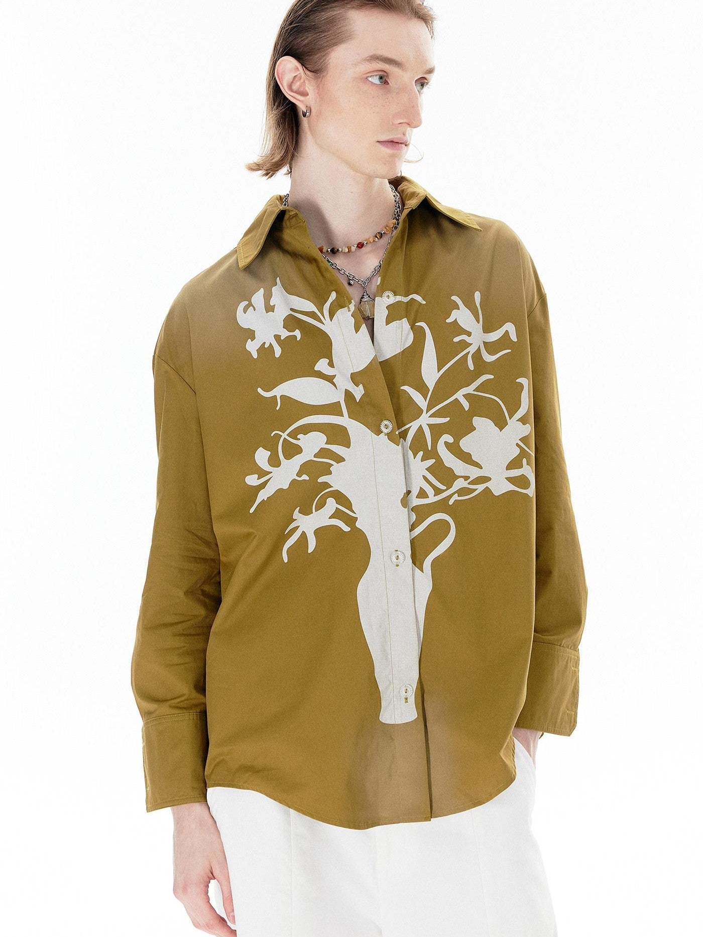 APRIORITY Vase Offset Print Relaxed Oversized Lapel Women's Cotton Shirts