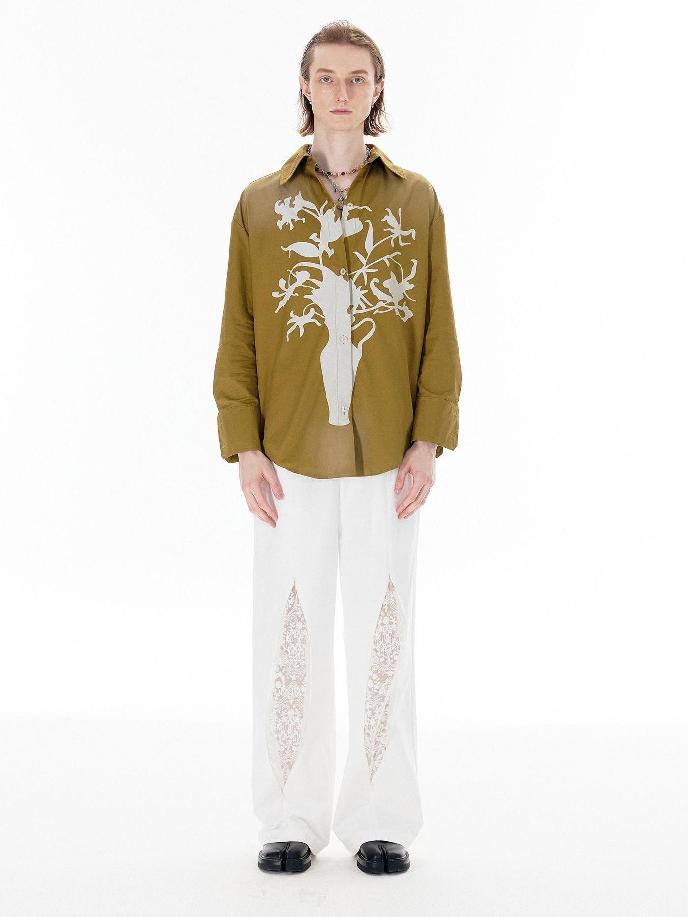 APRIORITY Vase Offset Print Relaxed Oversized Lapel Women's Cotton Shirts