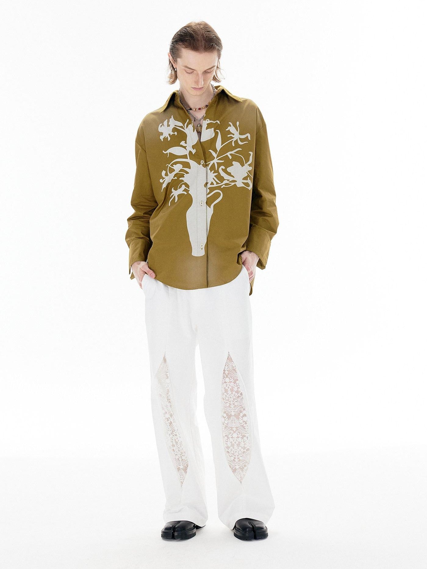 APRIORITY Vase Offset Print Relaxed Oversized Lapel Women's Cotton Shirts