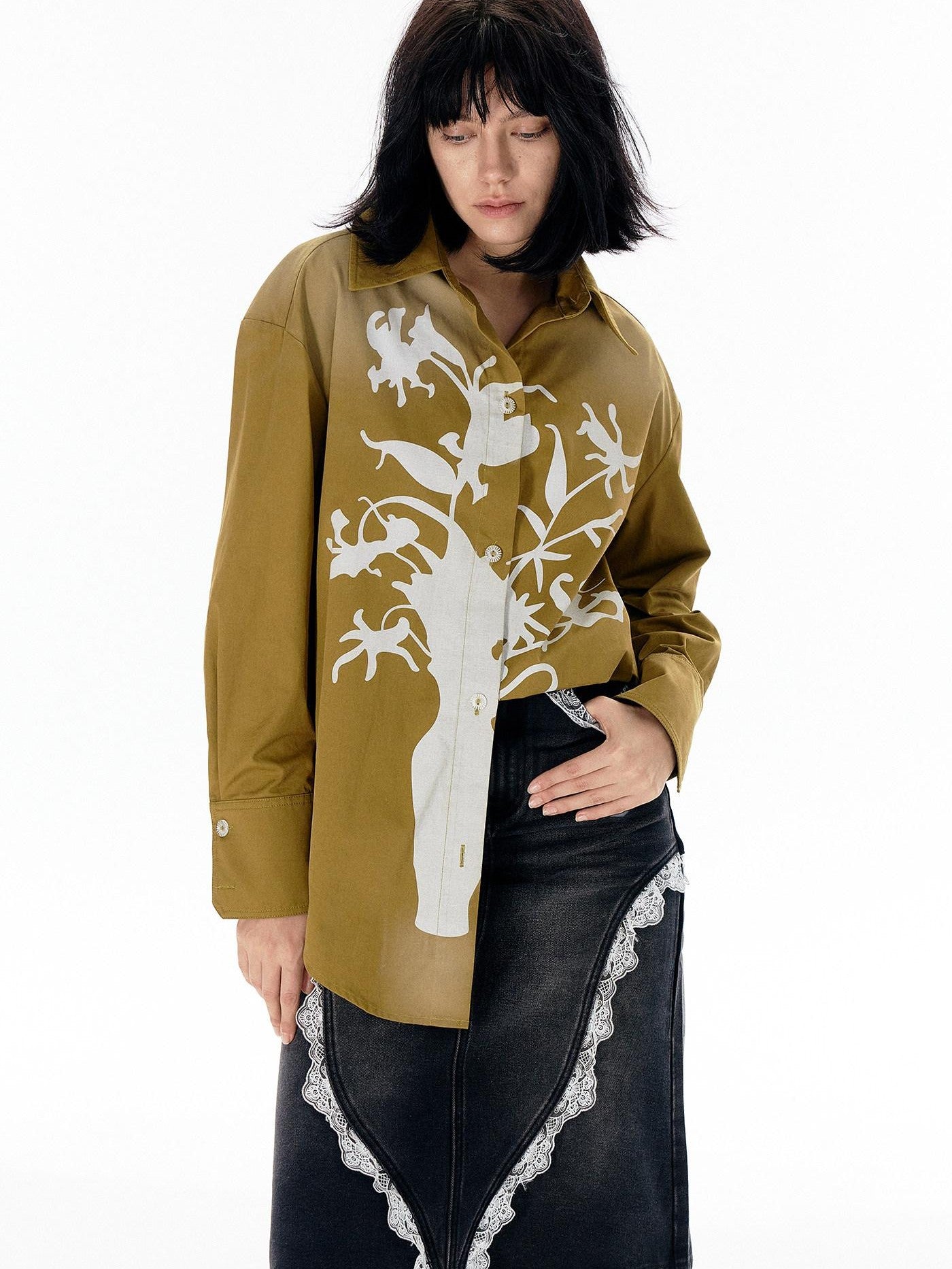 APRIORITY Vase Offset Print Relaxed Oversized Lapel Women's Cotton Shirts