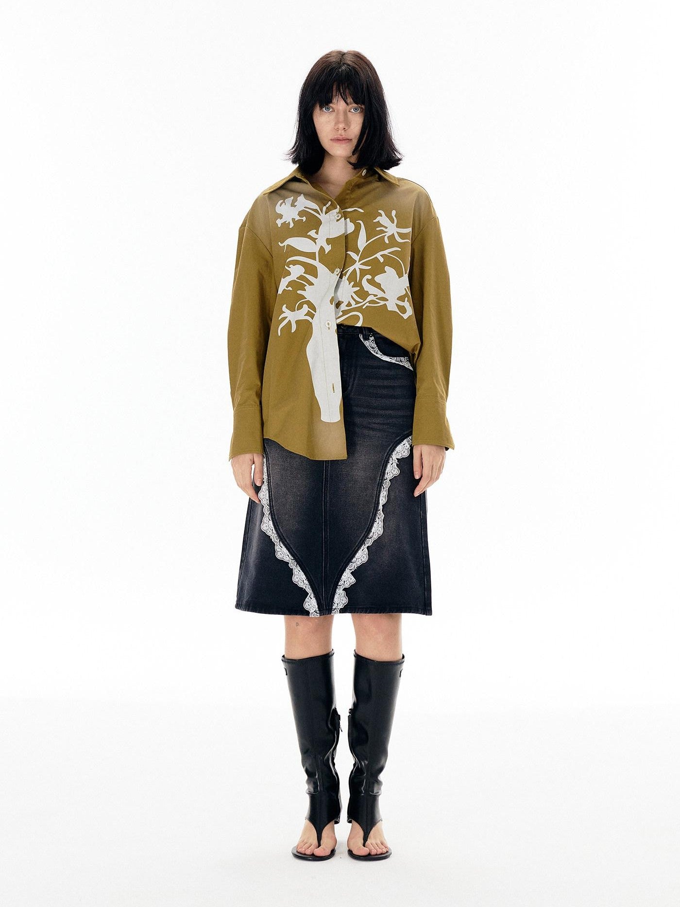 APRIORITY Vase Offset Print Relaxed Oversized Lapel Women's Cotton Shirts