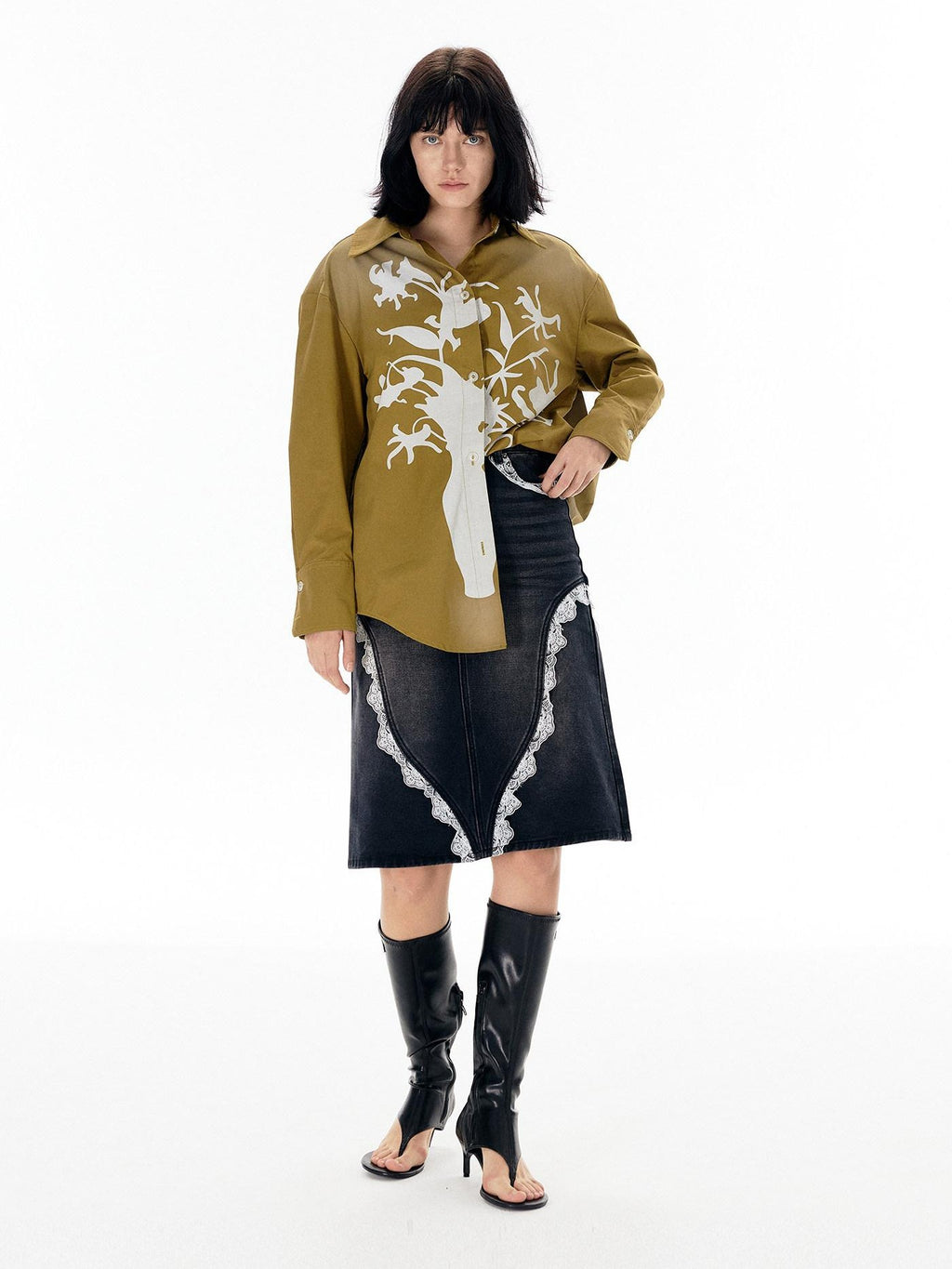 APRIORITY Vase Offset Print Relaxed Oversized Lapel Women's Cotton Shirts