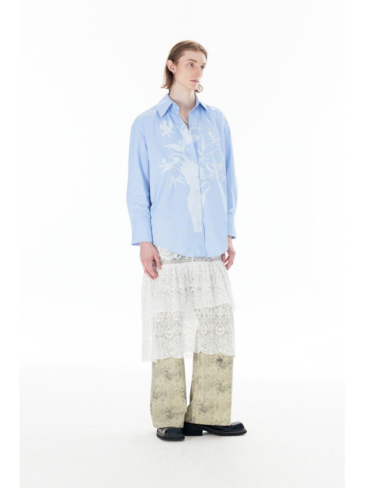 APRIORITY Vase Offset Print Relaxed Oversized Lapel Women's Cotton Shirts