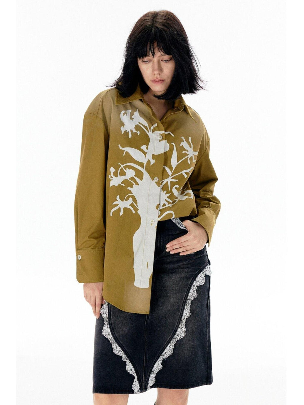 APRIORITY Vase Offset Print Relaxed Oversized Lapel Women's Cotton Shirts