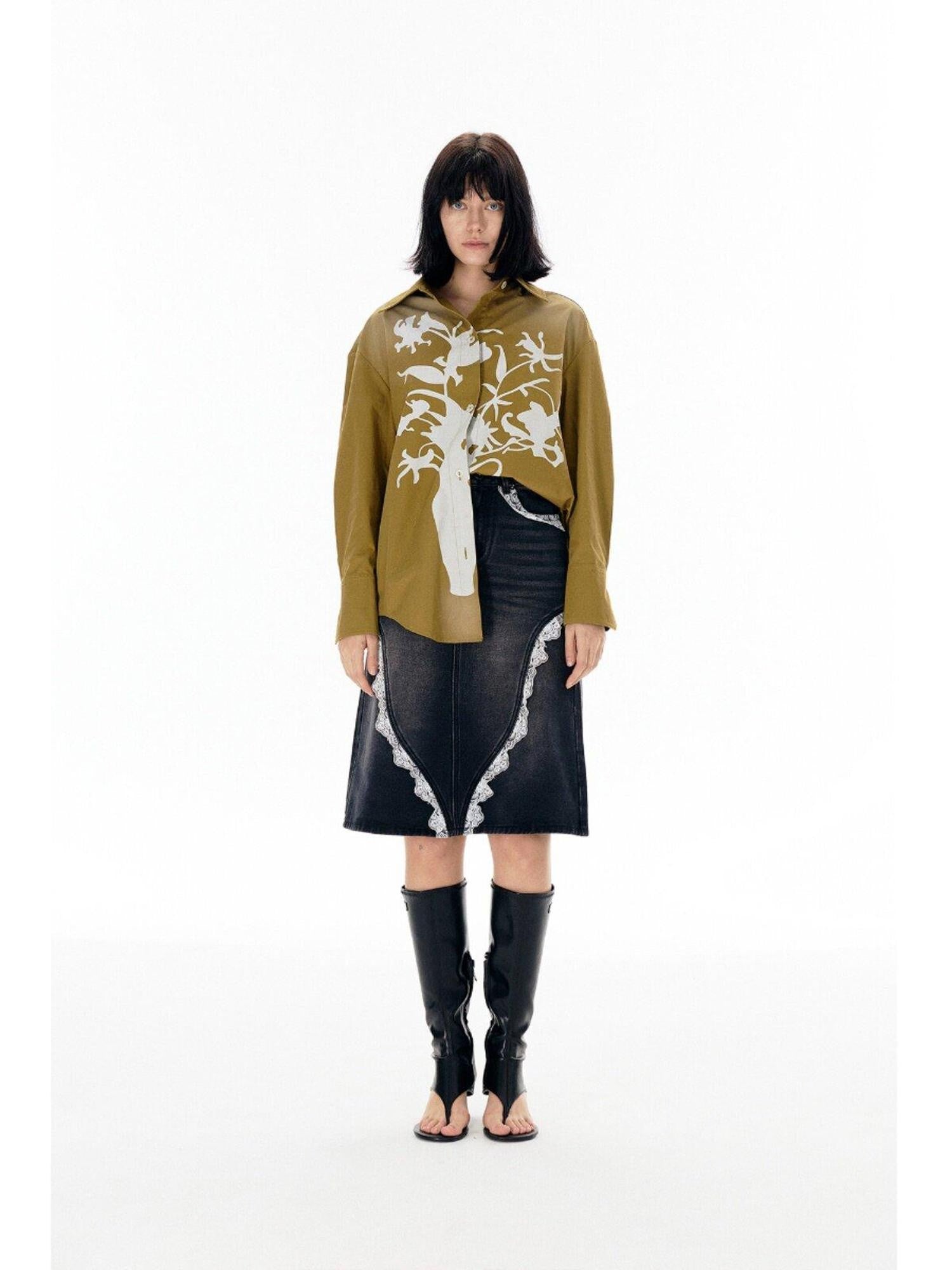 APRIORITY Vase Offset Print Relaxed Oversized Lapel Women's Cotton Shirts