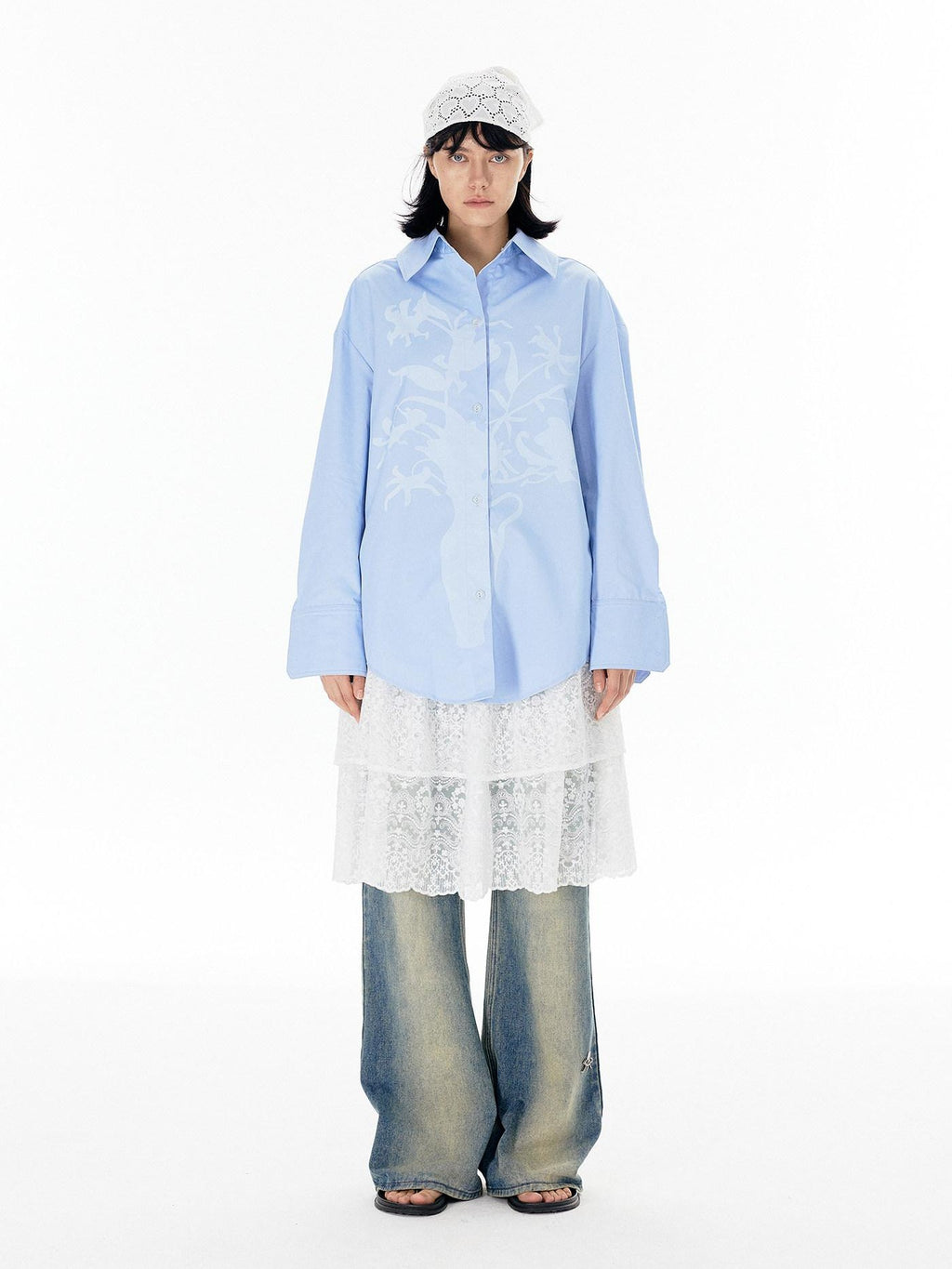 APRIORITY Vase Offset Print Relaxed Oversized Lapel Women's Cotton Shirts