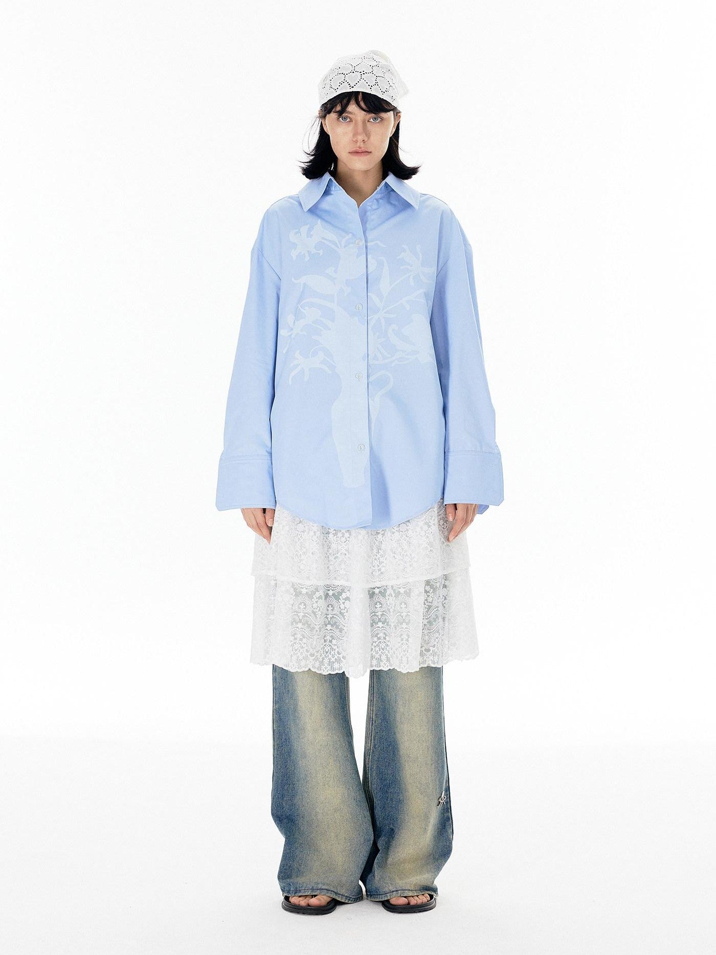 APRIORITY Vase Offset Print Relaxed Oversized Lapel Women's Cotton Shirts