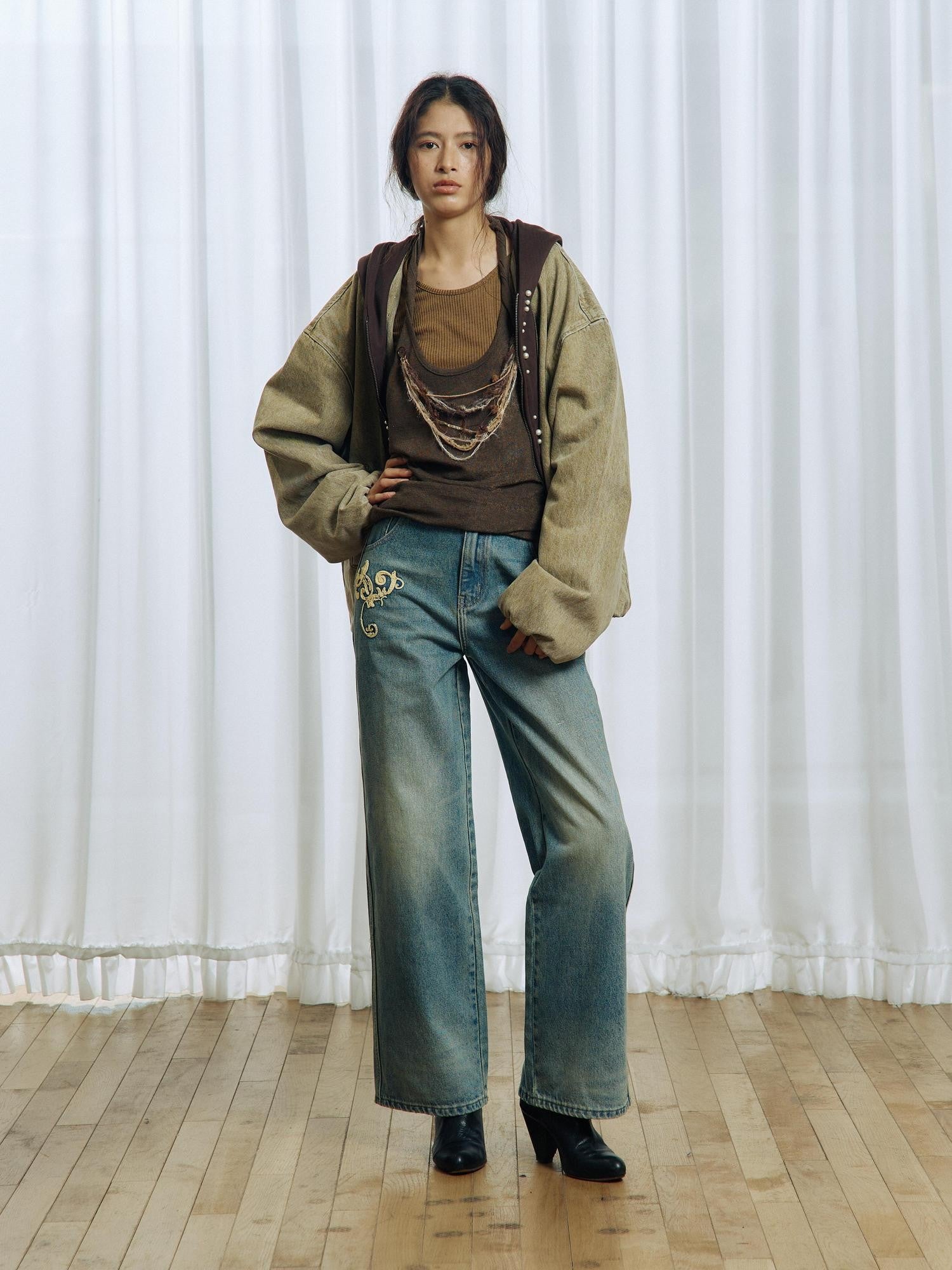APRIORITY Vintage Floral Rope Embroidered Women's Washed Denim Straight-leg Jeans