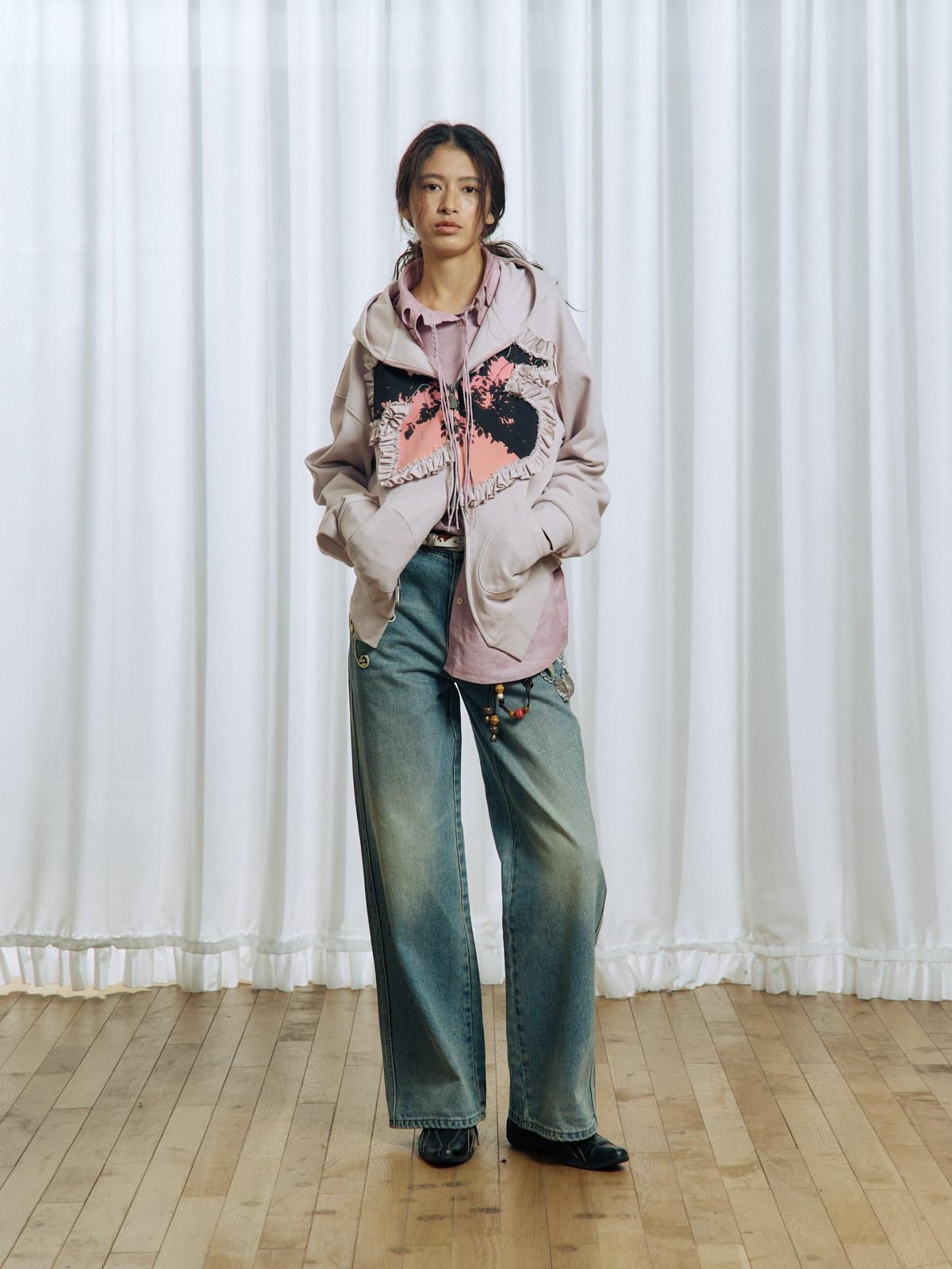 APRIORITY Vintage Floral Rope Embroidered Women's Washed Denim Straight-leg Jeans