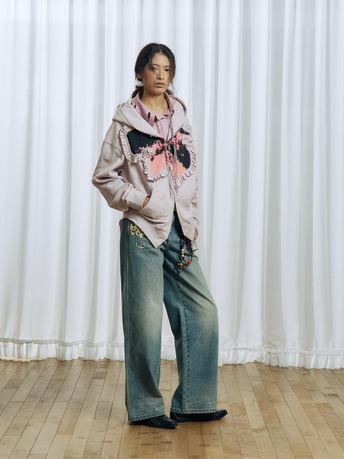 APRIORITY Vintage Floral Rope Embroidered Women's Washed Denim Straight-leg Jeans