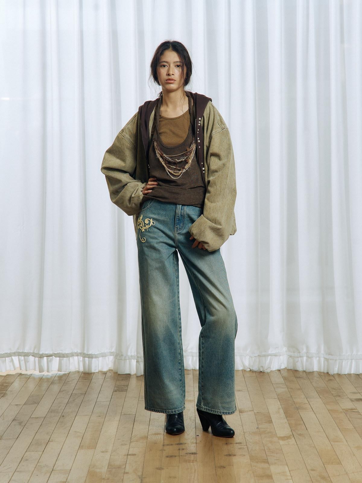 APRIORITY Vintage Floral Rope Embroidered Women's Washed Denim Straight-leg Jeans